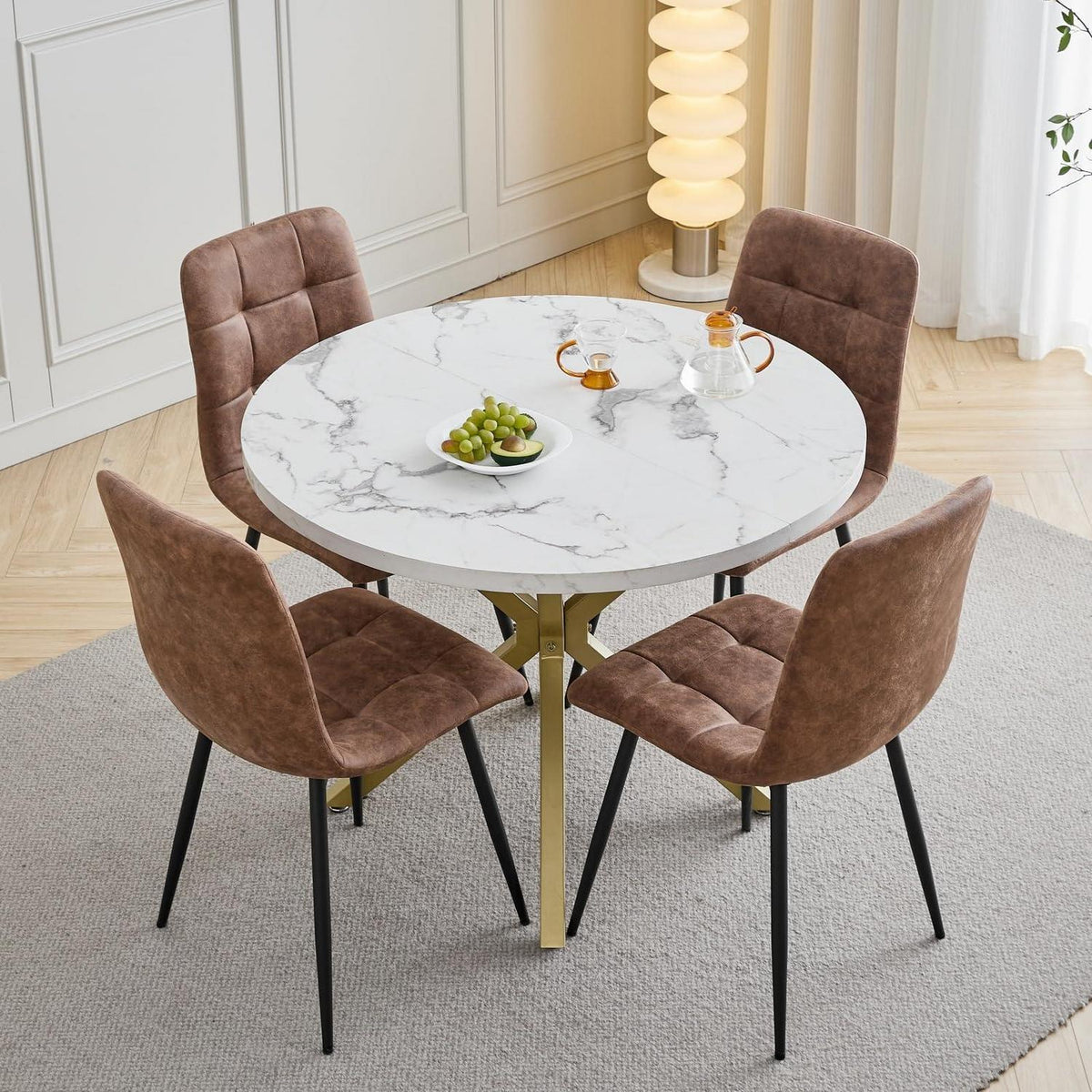 Moderner Esstisch Set mit 4 Sesseln – 100cm in Lederoptik
