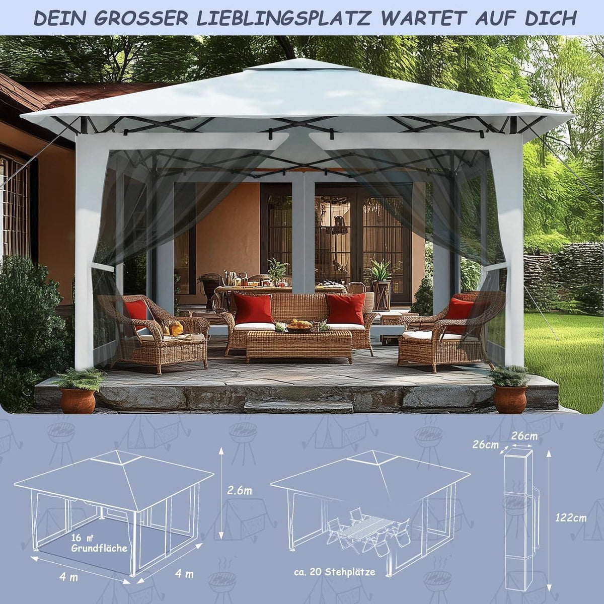 Gartenpavillon 3x3m mit Moskitonetz & UV-Schutz