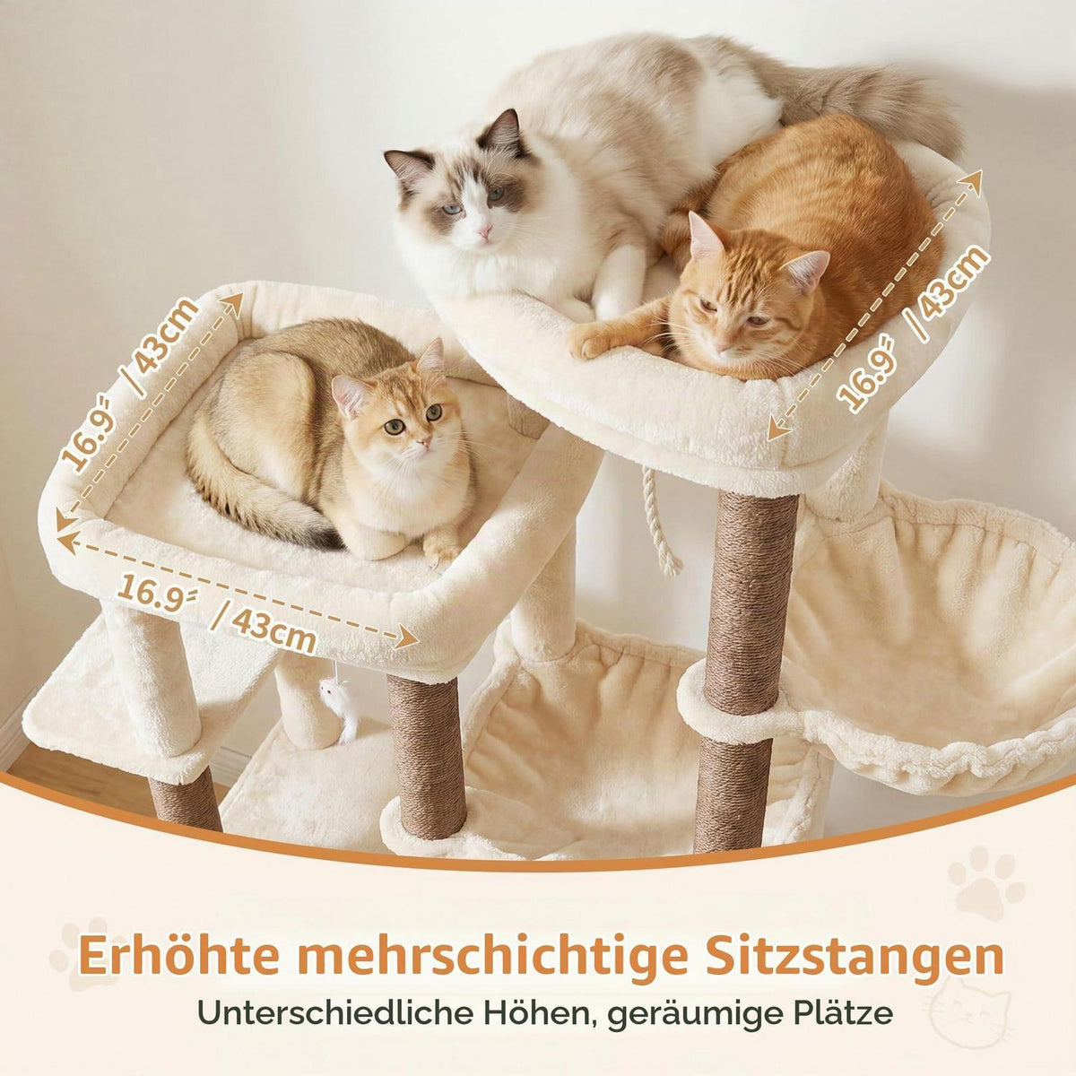 Kratzbaum 177cm mit 2 Höhlen & Hängematte – Beige