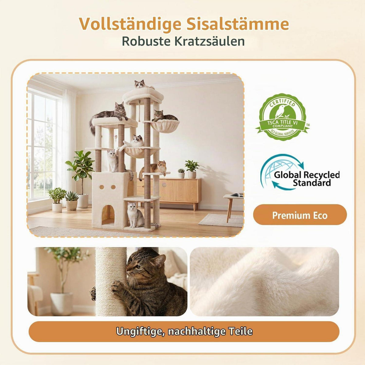 Kratzbaum 177cm mit 2 Höhlen & Hängematte – Beige