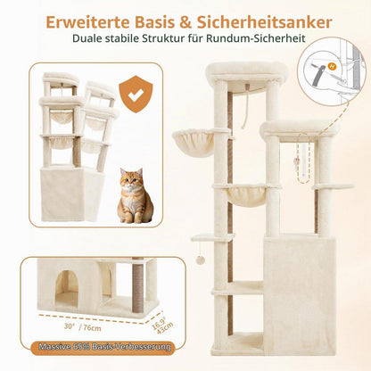 Kratzbaum 177cm mit 2 Höhlen & Hängematte – Beige