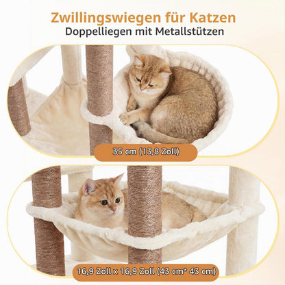 Kratzbaum 177cm mit 2 Höhlen & Hängematte – Beige