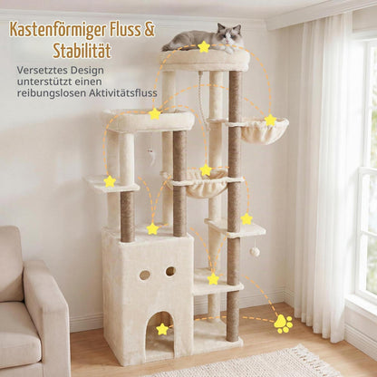 Kratzbaum 177cm mit 2 Höhlen & Hängematte – Beige