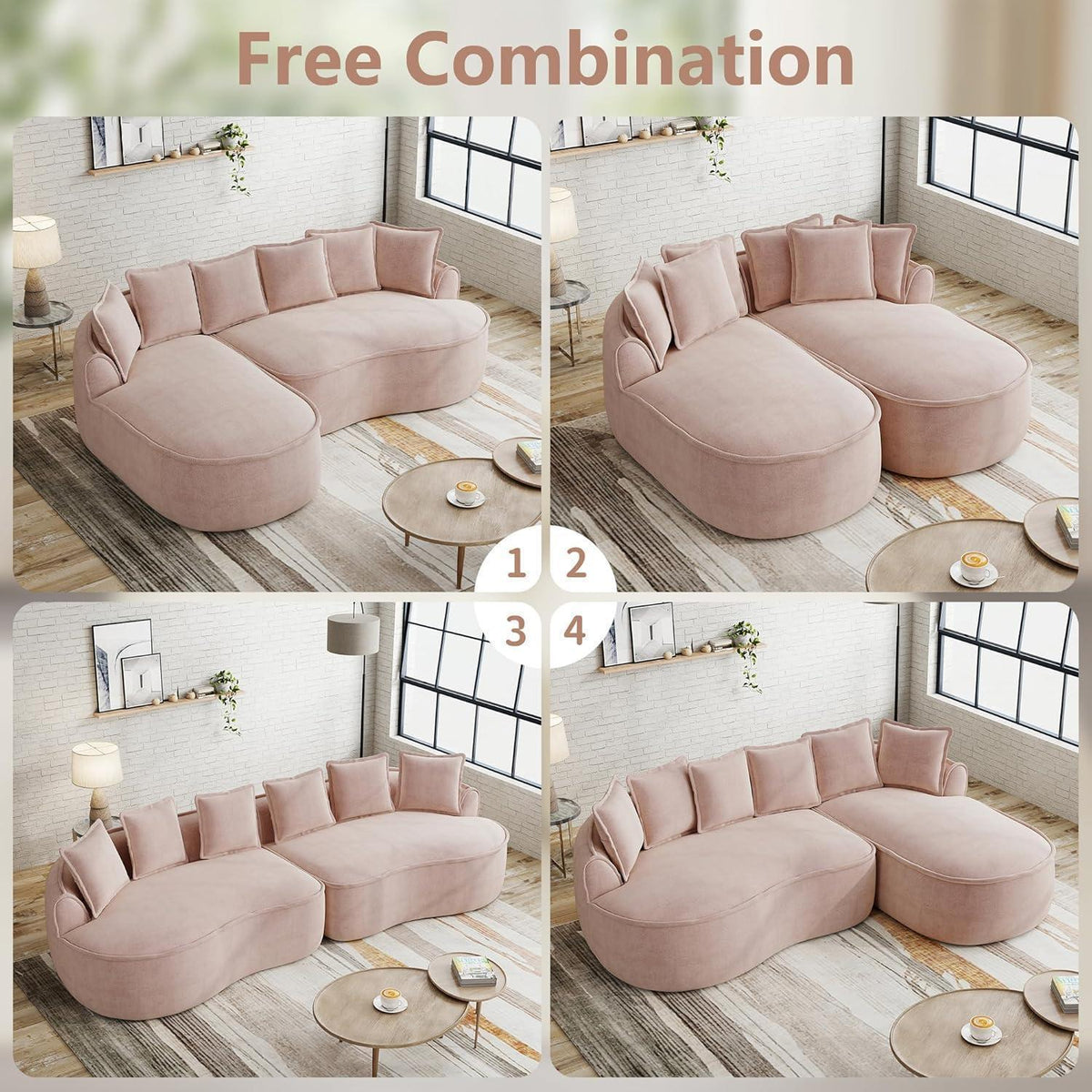 Modulares Chenille Sofa L-Form mit Chaiselongue & Kissen Rosa