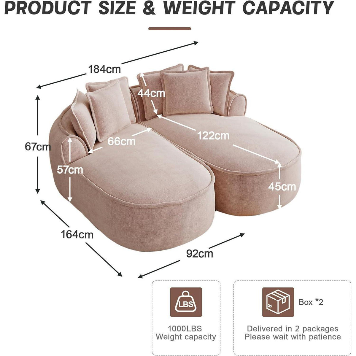 Modulares Chenille-Sofa 2-Sitzer mit Chaiselongue – Rosa