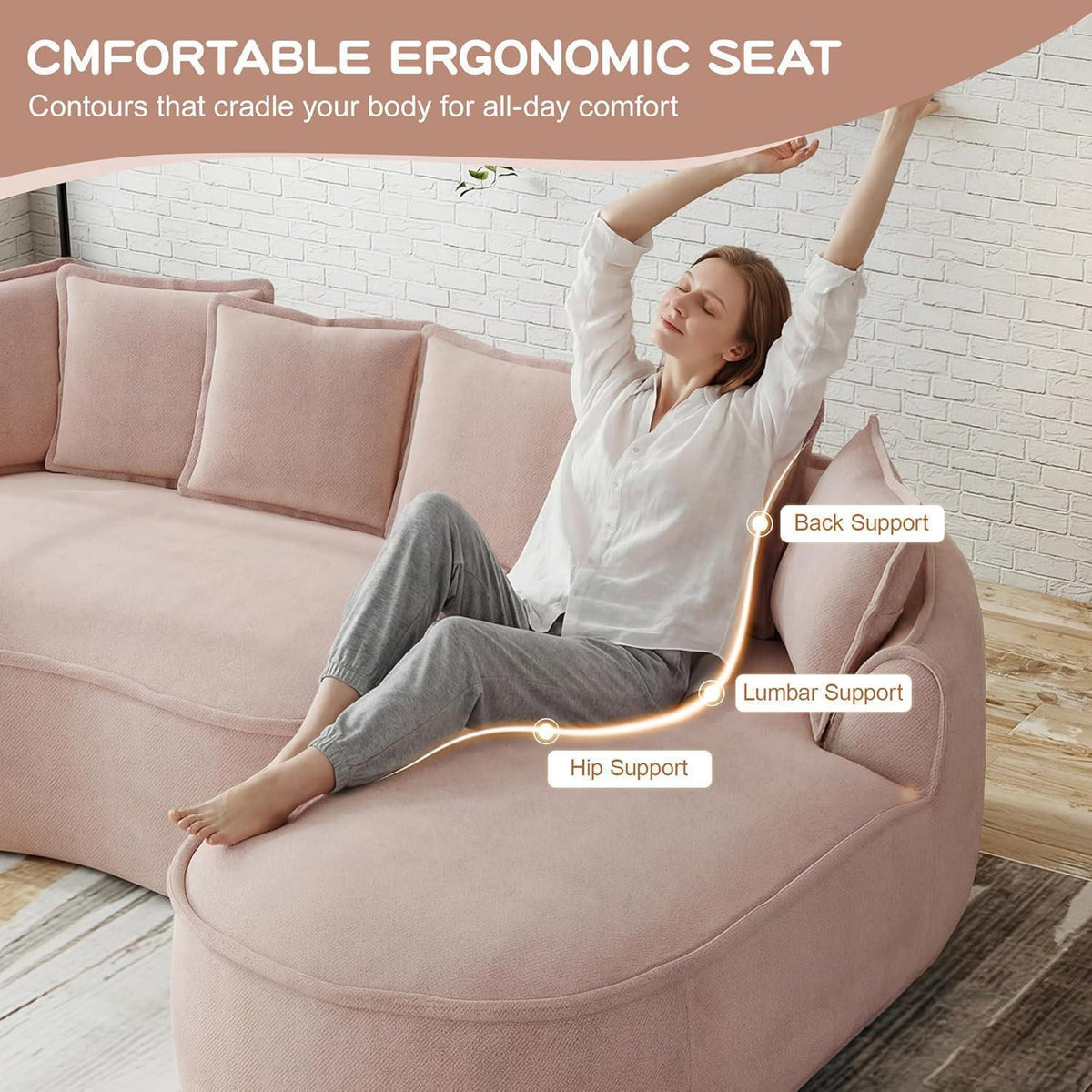Modulares Chenille-Sofa 2-Sitzer mit Chaiselongue – Rosa