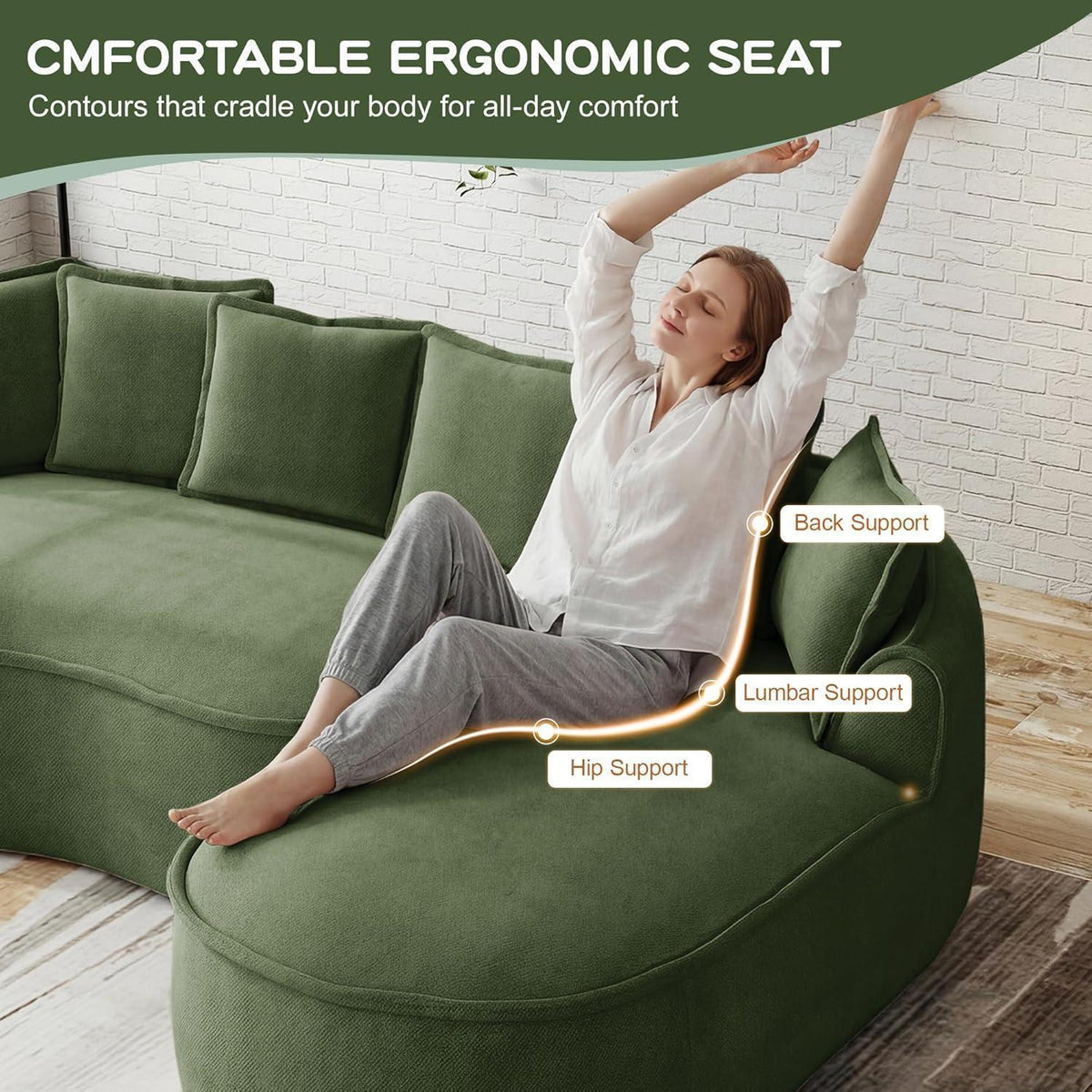 Modulares Chenille-Sofa 2-Sitzer mit Chaiselongue – Grün