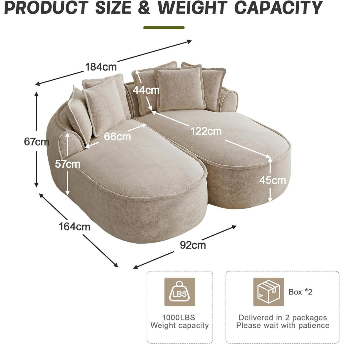 Modulares Chenille-Sofa 2-Sitzer mit Chaiselongue – Kein Aufbau