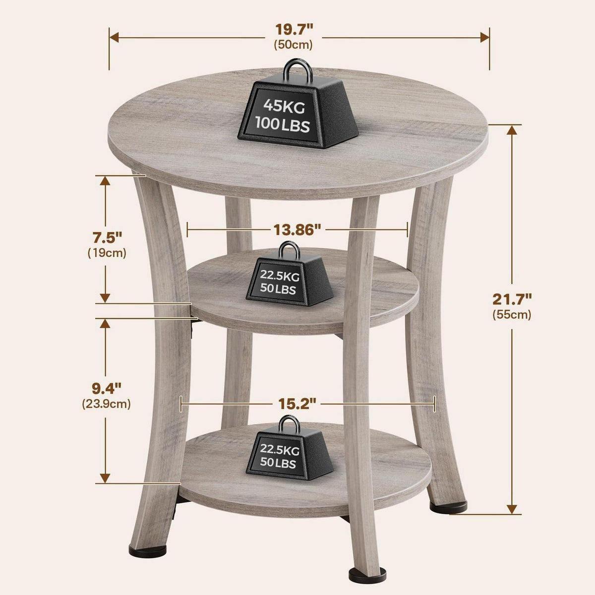 Runder Beistelltisch mit 3 Ebenen, Industrial-Stil, Grau