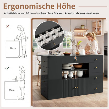 Mobile Kücheninsel Schwarz mit Stauraum & Hockern