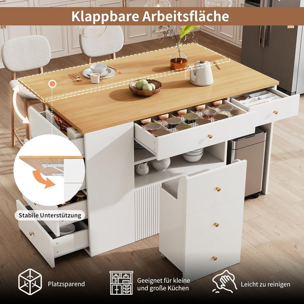 Bewegliche Kücheninsel Weiß mit Stauraum & Hocker