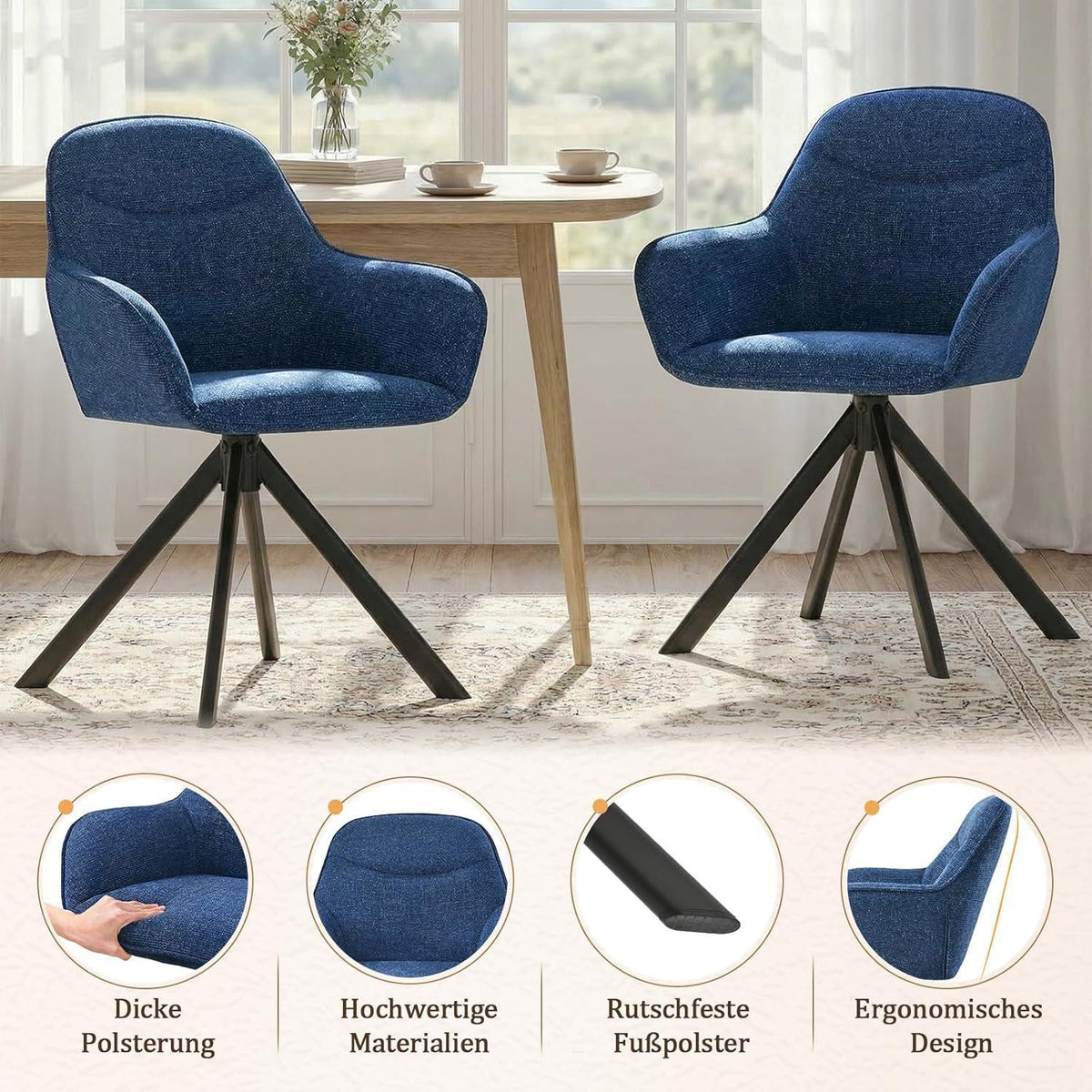 Drehbarer Esszimmerstuhl Set 2x Dunkelblau, Chenille Polsterstuhl