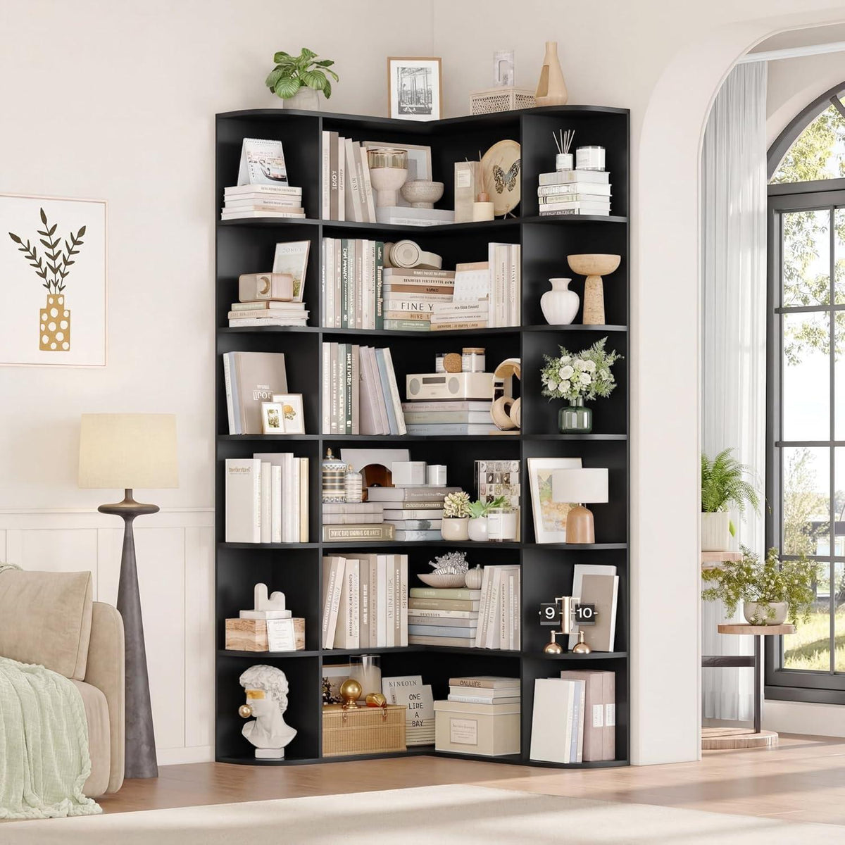 Eckregal L-Form Bücherregal 185 cm mit 6 Ebenen Schwarz