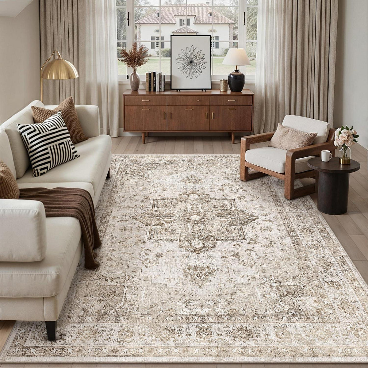 Vintage Teppich Beige 240x300cm Waschbar Rechteckig Wohnzimmer