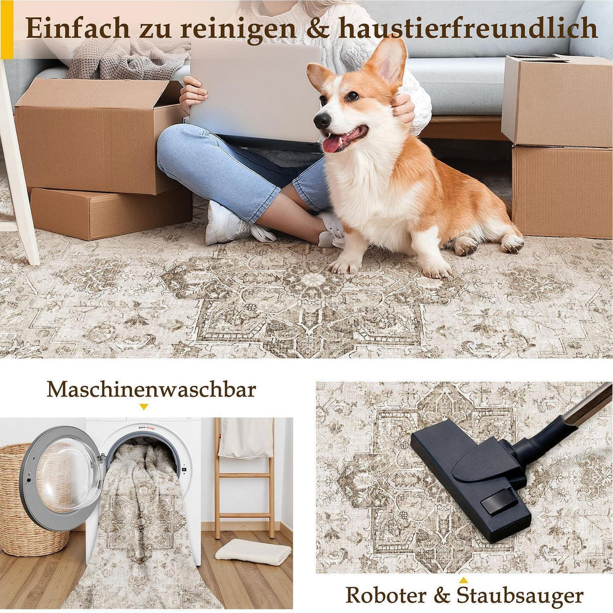 Vintage Teppich Beige 240x300cm Waschbar Rechteckig Wohnzimmer