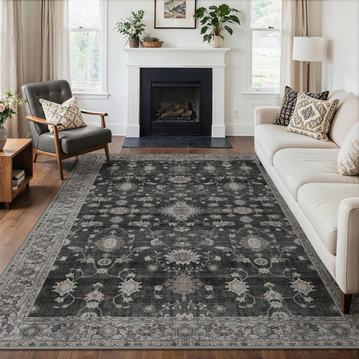 Vintage Teppich Wohnzimmer 160x230 cm Anthrazit Rechteck