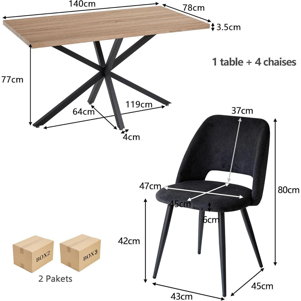 Moderner Esstisch Set mit 4 Cord-Stühlen (140x80cm)