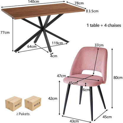 Moderner Esstisch Set mit 4 Cord-Stühlen (140x80cm)