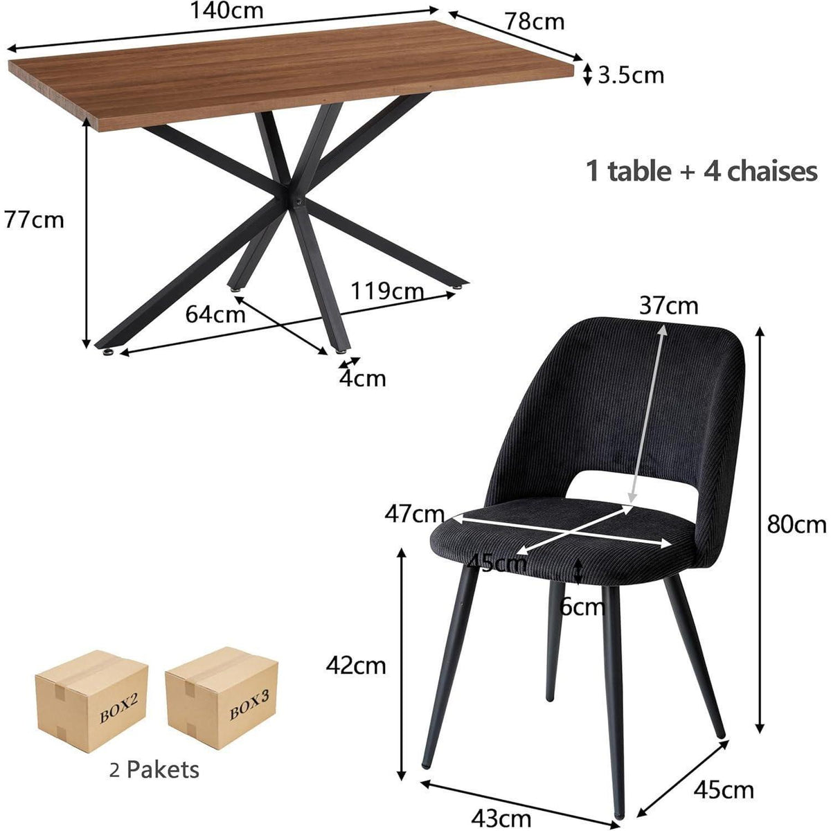 Moderner Esstisch Set mit 4 Cord-Stühlen (140x80cm)