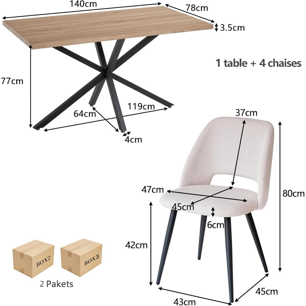 Moderner Esstisch Set mit 4 Cord-Stühlen (140x80cm)