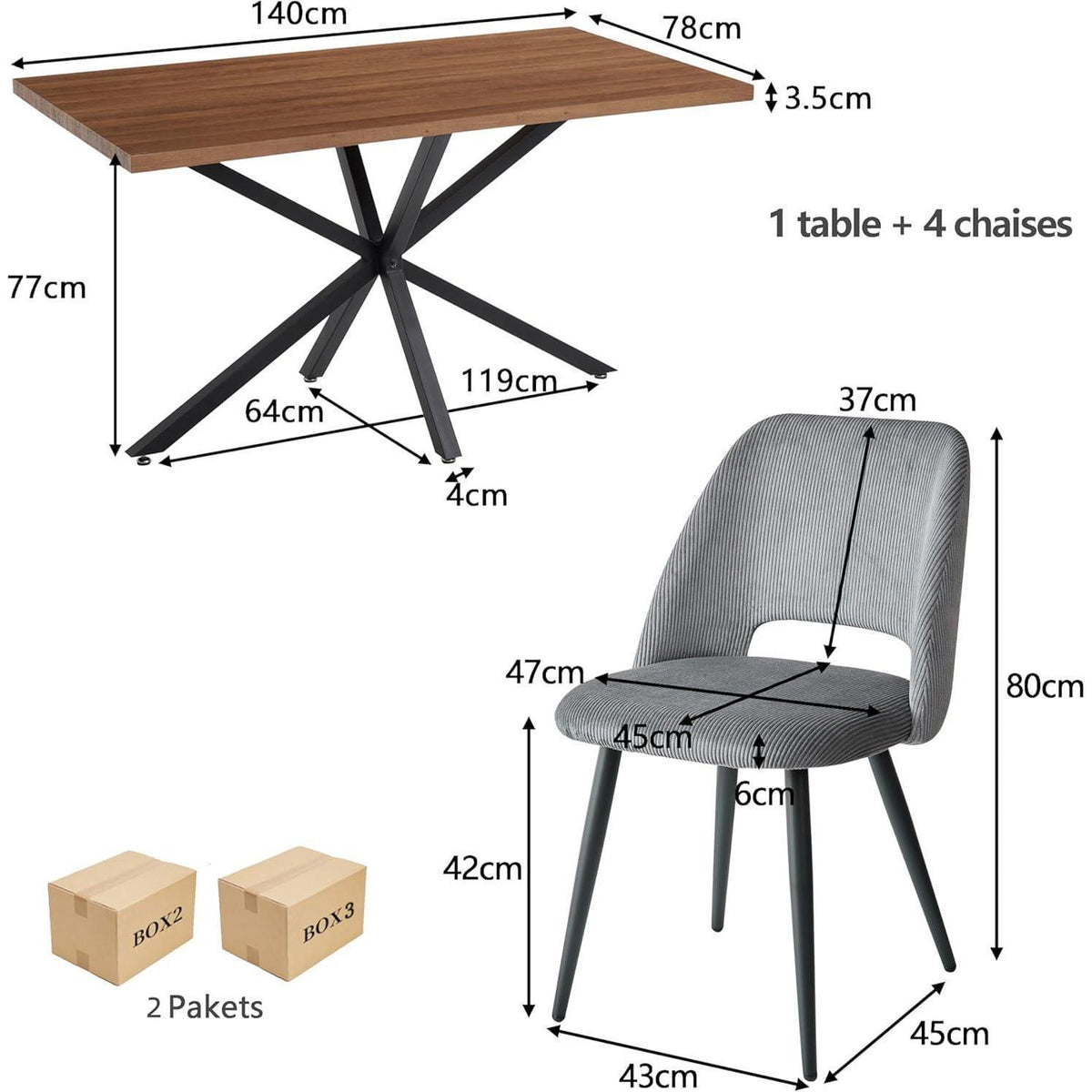 Moderner Esstisch Set mit 4 Cord-Stühlen (140x80cm)