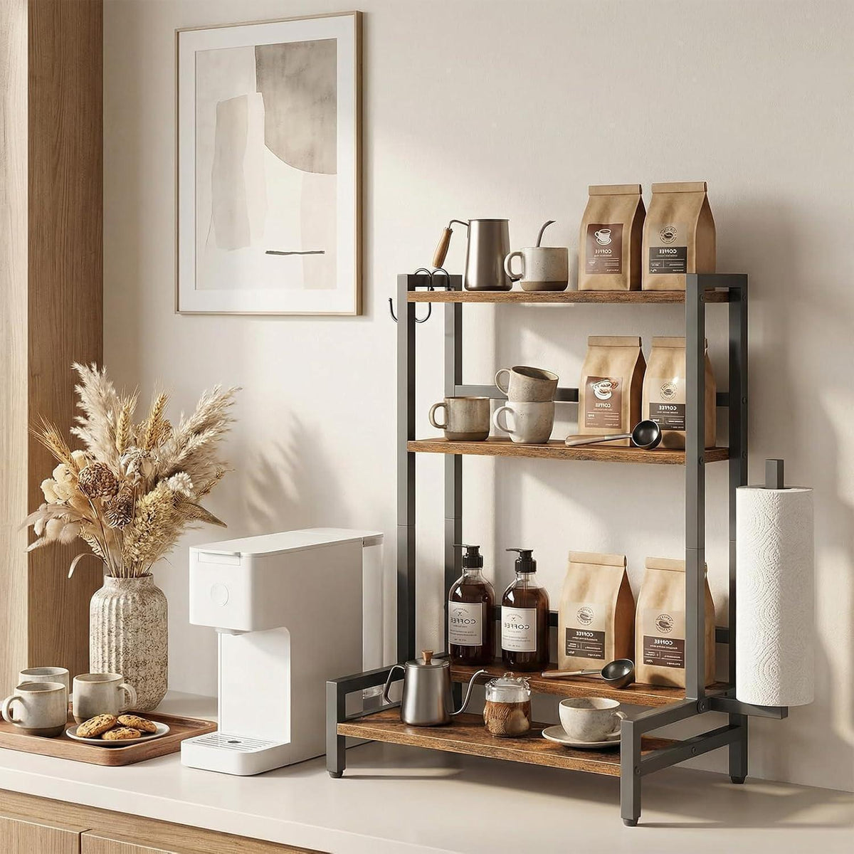 Barhocker-Set mit Gewürzregal – Vintagebraun & Schwarz