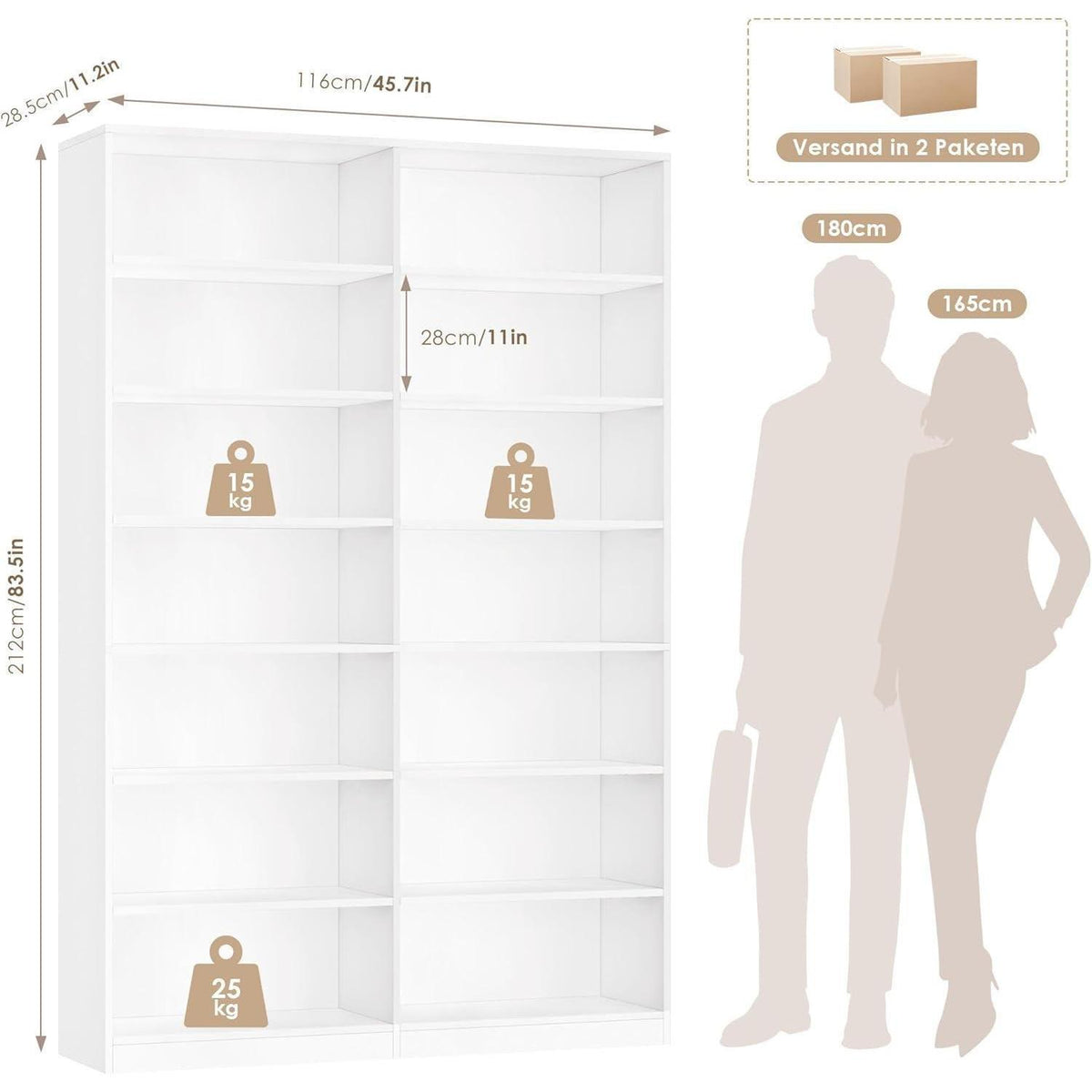 Bücherregal 212cm, 14 Fächer, Weiß – Standregal für Wohnzimmer