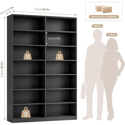 Bücherregal 212cm, 14 Fächer, Schwarz – Standregal & Vitrine