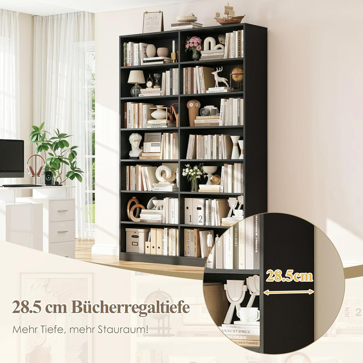 Bücherregal 212cm, 14 Fächer, Schwarz – Standregal & Vitrine