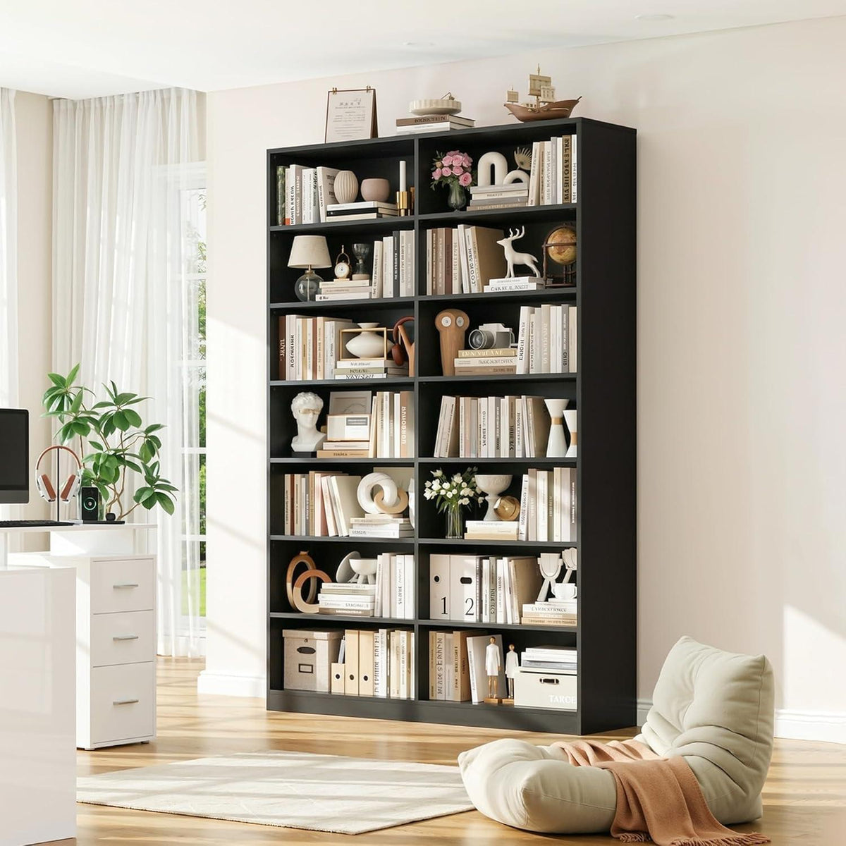Bücherregal 212cm, 14 Fächer, Schwarz – Standregal & Vitrine