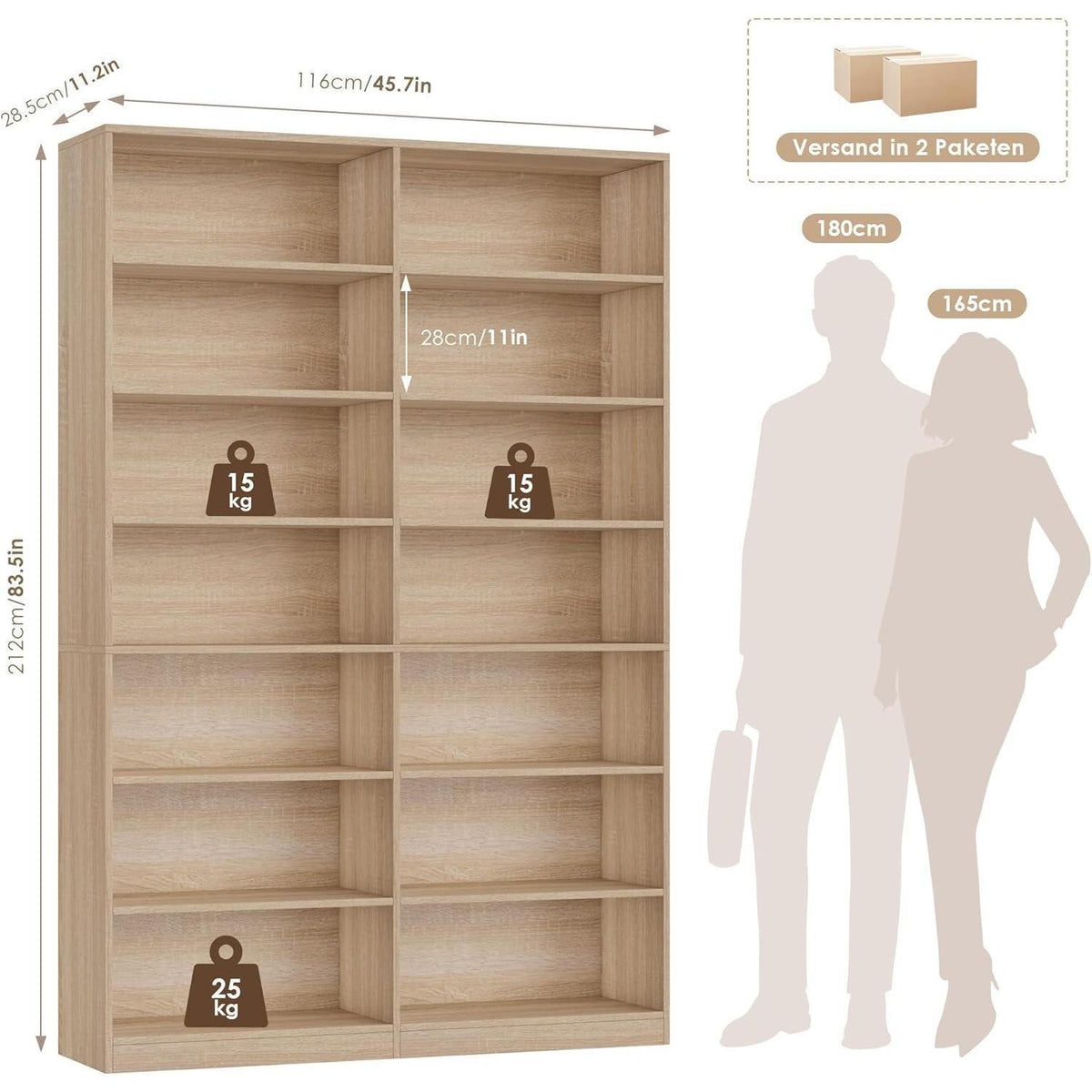 Bücherregal Eiche, 212 cm hoch, 14 Fächer – Standregal & Vitrine