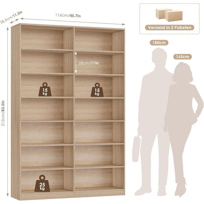 Bücherregal Eiche, 212 cm hoch, 14 Fächer – Standregal & Vitrine