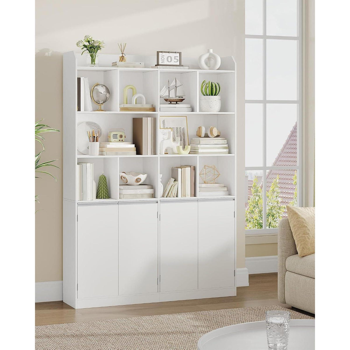 Freistehendes Bücherregal mit 4 Türen & 10 Fächern, Weiß