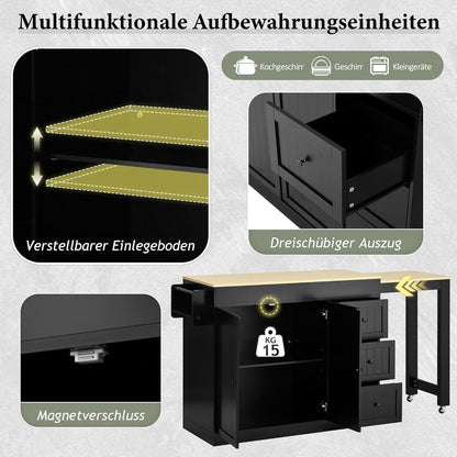 Mobile Kücheninsel mit Ausziehbarer Arbeitsplatte & Stauraum (Schwarz)