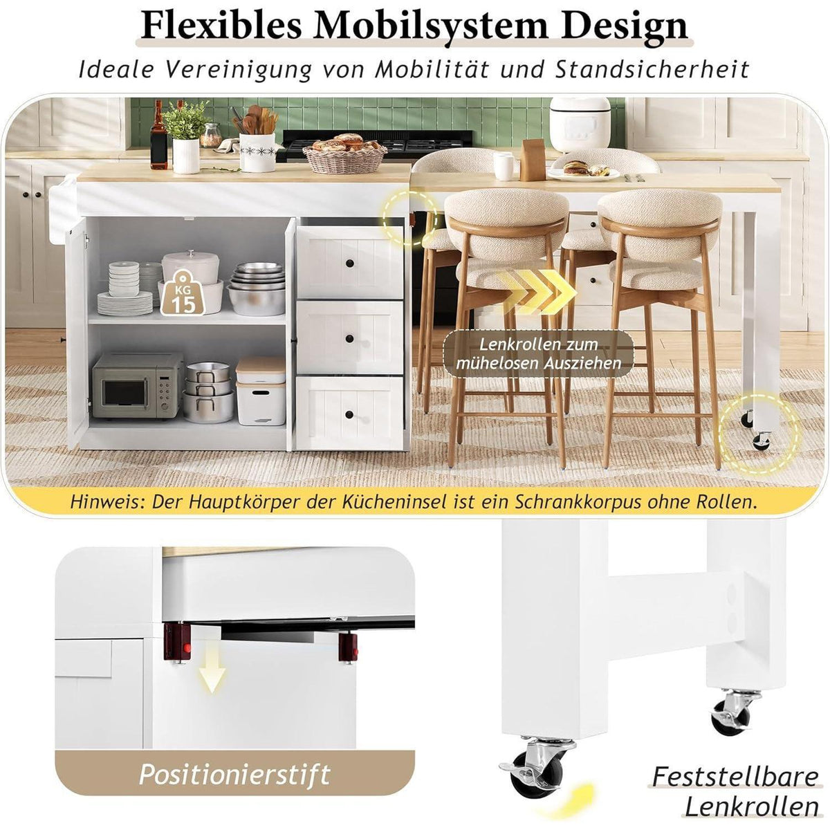 Mobile Kücheninsel mit Ausziehbarer Arbeitsplatte (Weiß)