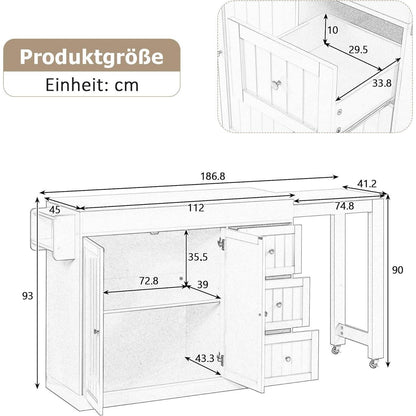 Mobile Kücheninsel mit Ausziehbarer Arbeitsplatte & Stauraum (Grau)