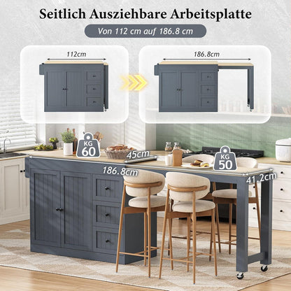 Mobile Kücheninsel mit Ausziehbarer Arbeitsplatte & Stauraum (Grau)
