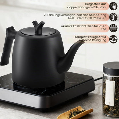 Schwarze Teekanne 2L Edelstahl mit Teesieb & Isolierung