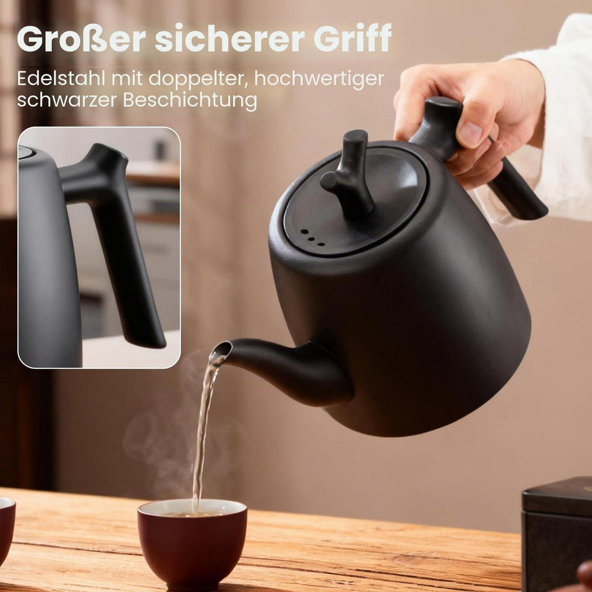 Schwarze Teekanne 2L Edelstahl mit Teesieb & Isolierung