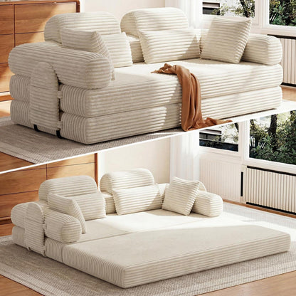 Schlafsofa 200cm Cord Beige – Komfortables Bett mit Kopfstütze