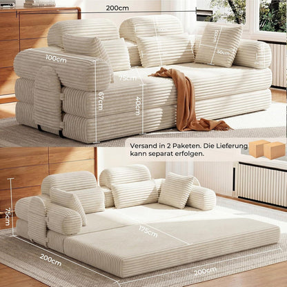 Schlafsofa 200cm Cord Beige – Komfortables Bett mit Kopfstütze