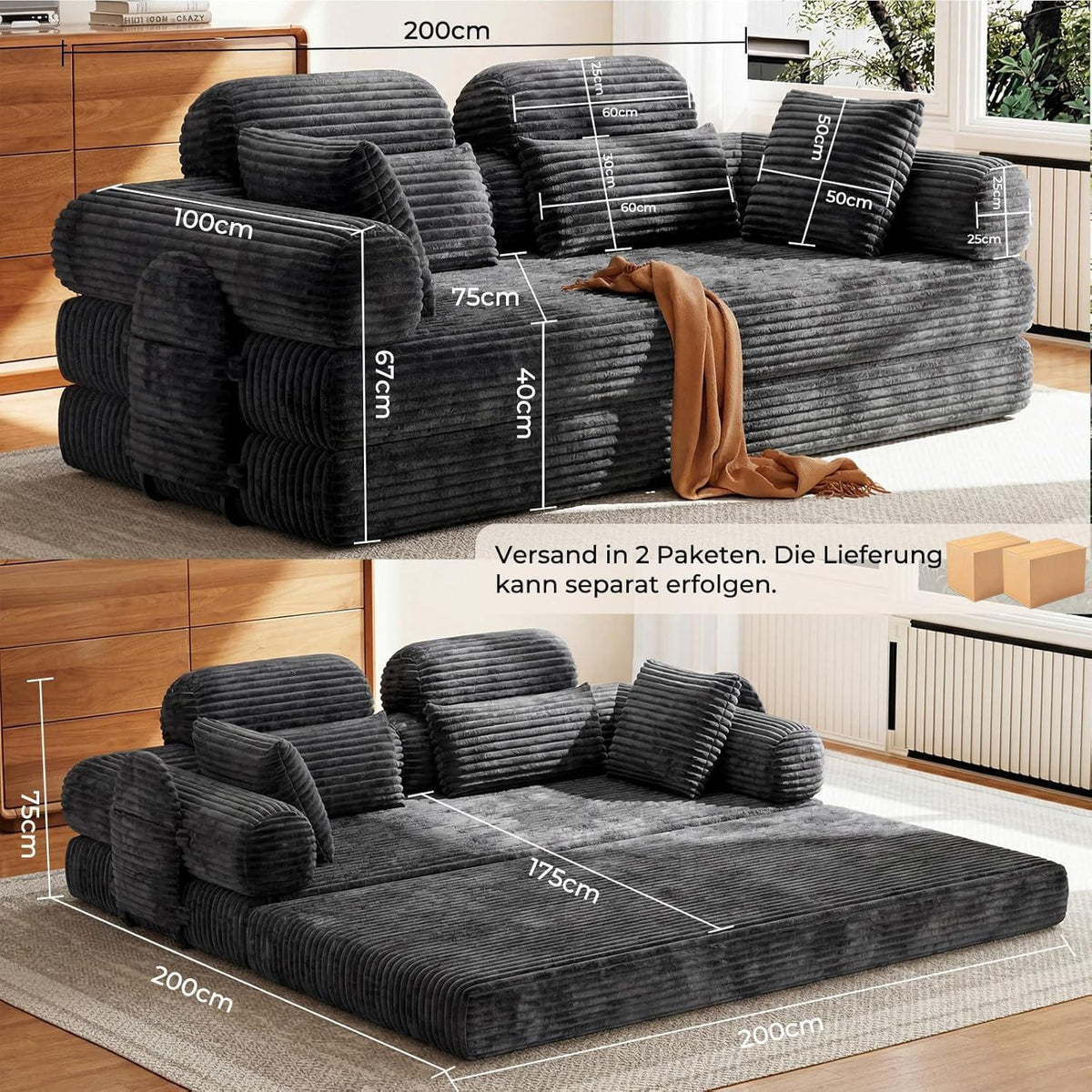 Schlafsofa 200cm Grau – Cord, Bonellfederfrei & Sofort Nutzbar