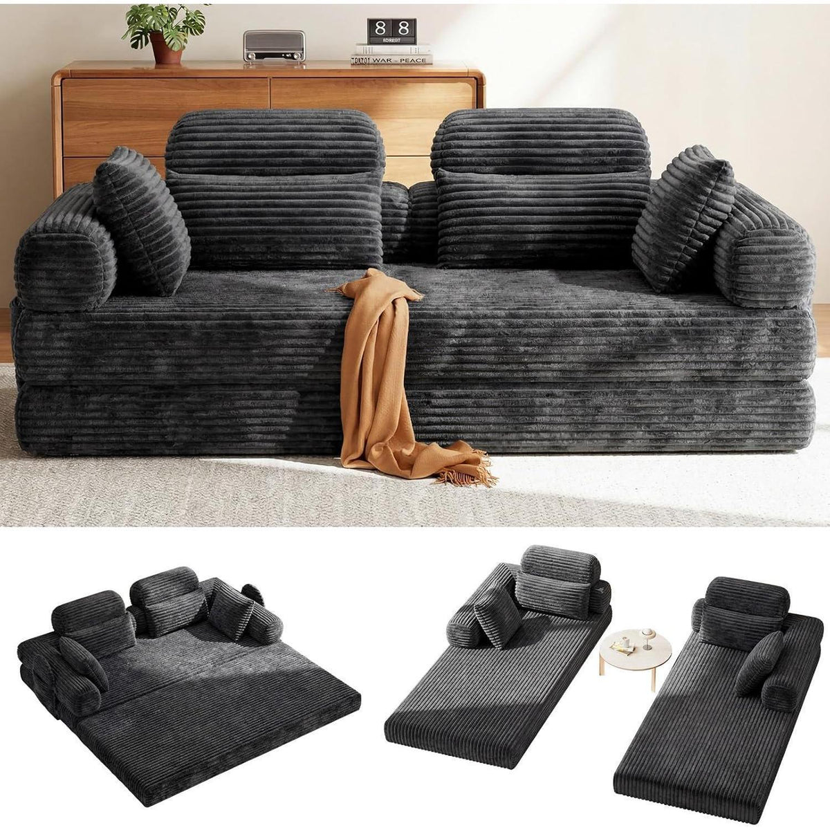 Schlafsofa 200cm Grau – Cord, Bonellfederfrei & Sofort Nutzbar