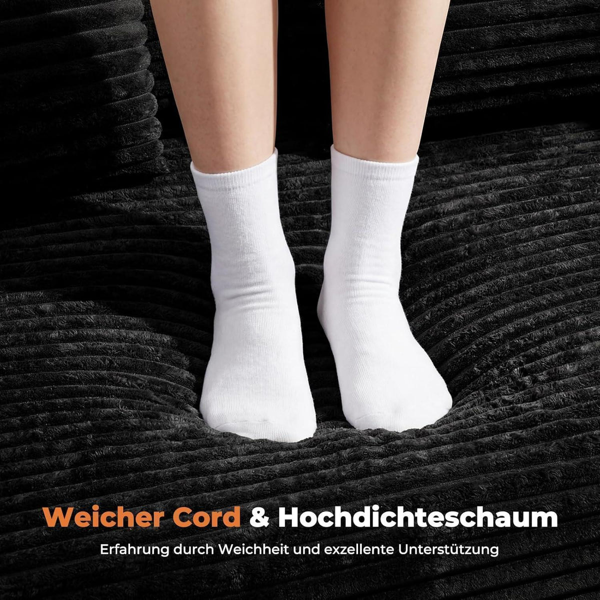 Schlafsofa 200cm mit Cordbezug & Kopfstütze – Schwarz