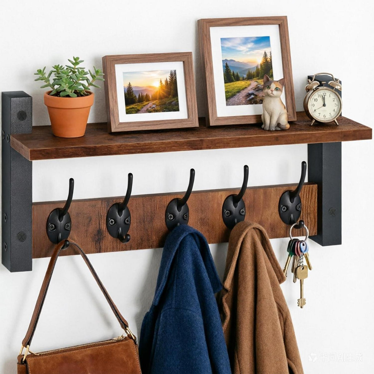 Wandgarderobe mit Ablage und 5 Haken aus Holz