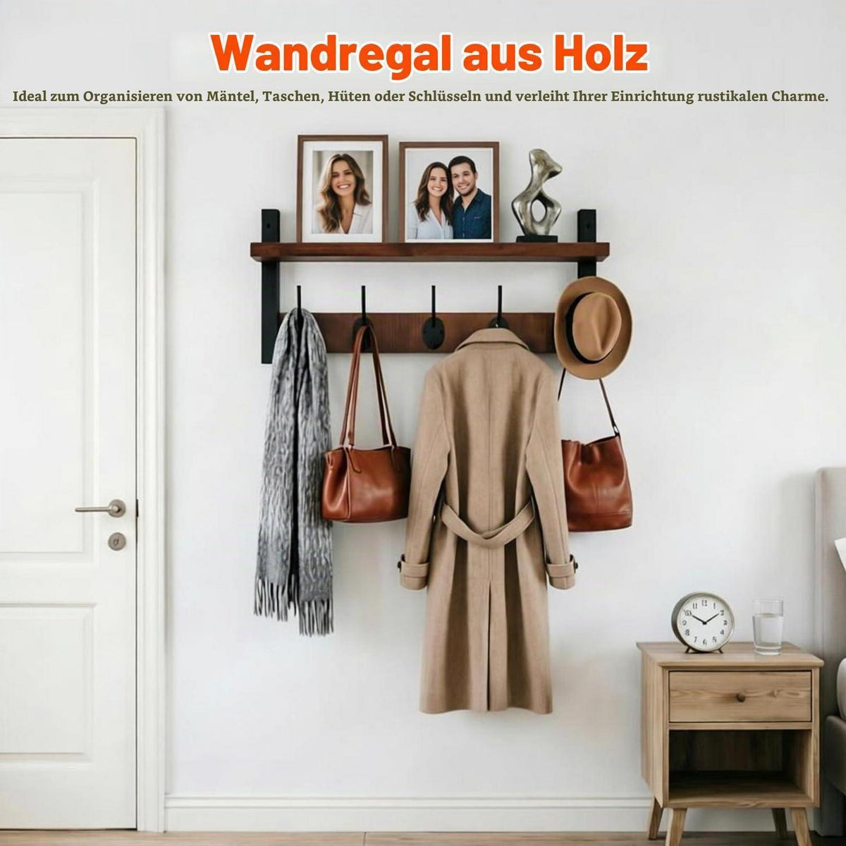 Wandgarderobe mit Ablage und 5 Haken aus Holz