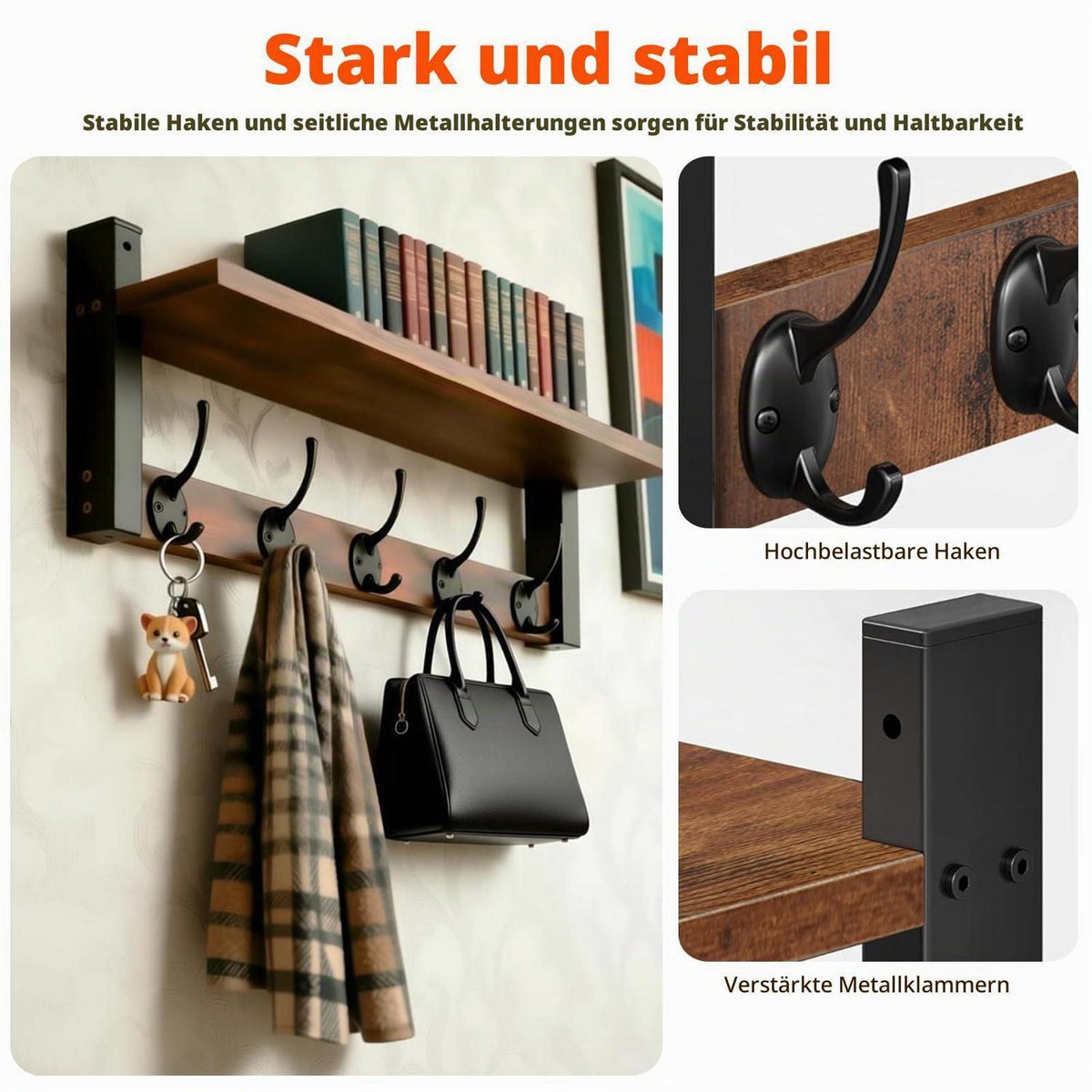Wandgarderobe mit Ablage und 5 Haken aus Holz