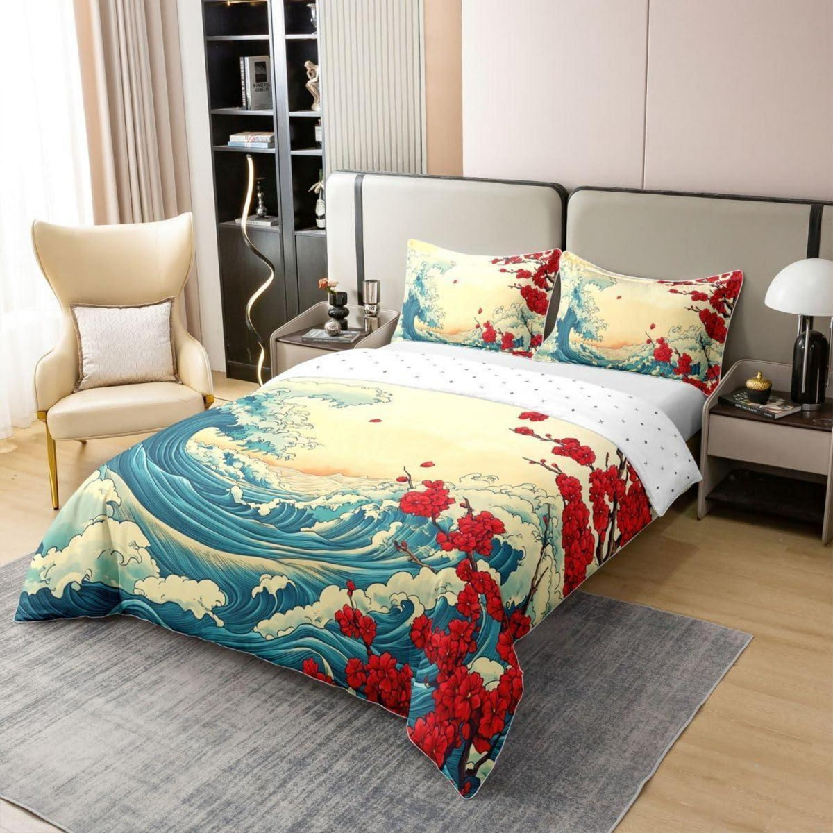 Japanischer Ukiyo-e Bettbezug 200x200 Baumwolle – Retro Wellen Design