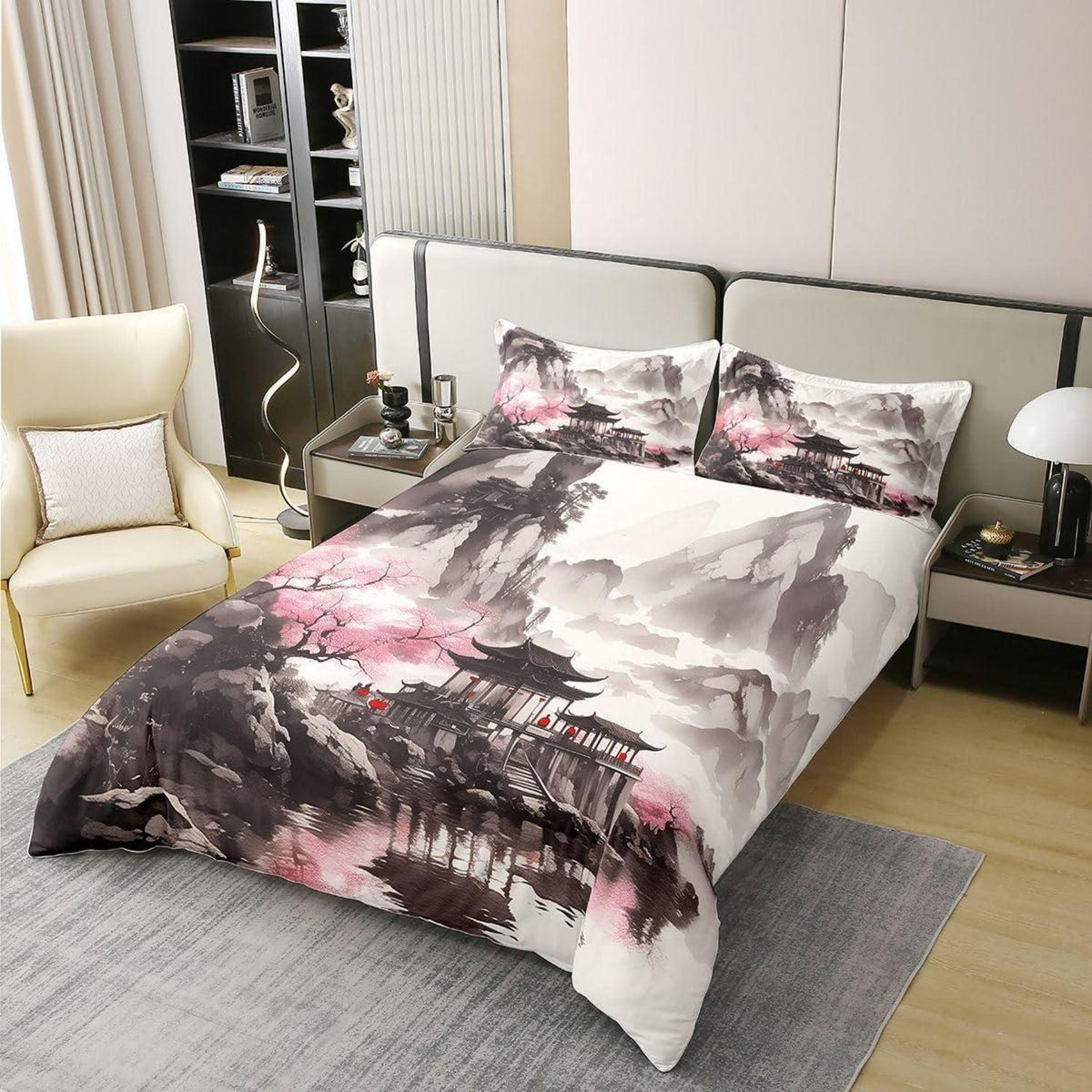 Chinesischer Stil Bettwäsche Set 200x200 Baumwolle Tusche Landschaft