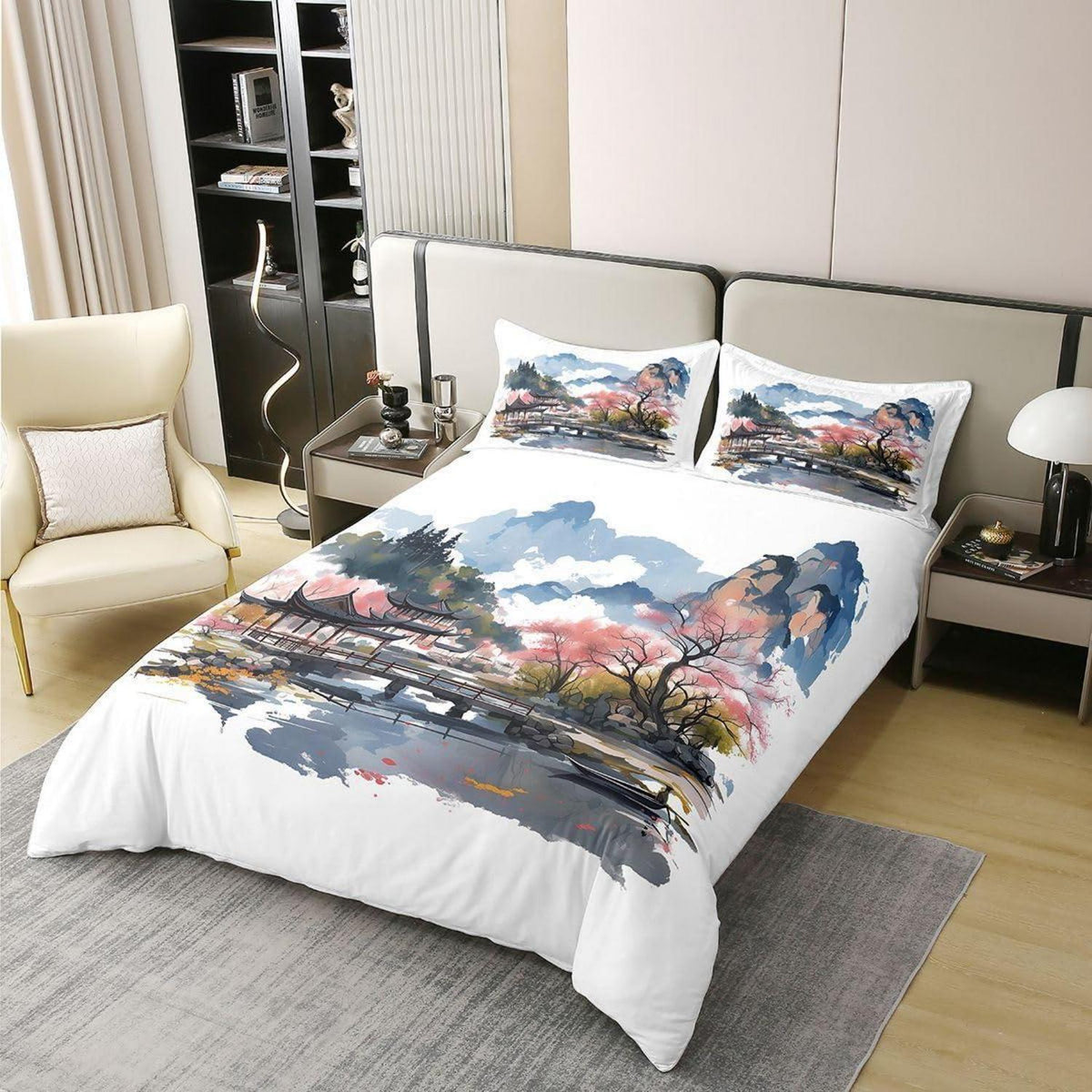 Chinesische Tuschemalerei Bettwäsche Set 135x200 Baumwolle